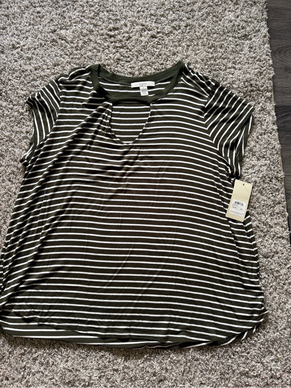 Sejour 2X Striped Short Sleeve Keyhole Tee - Olive/White
